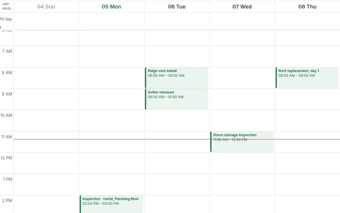 Booking: a week of roof inspections and installs on the calendar