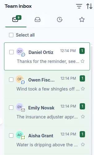 The Inbox: one list of customer texts, emails and chats, with unread replies at the top