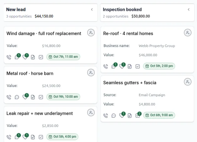 The Pipeline: roofing jobs as cards in the New lead and Inspection booked columns, with the value of each