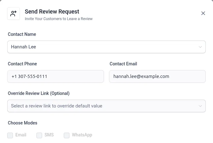 Reviews: the form that sends a customer a review request by text or email